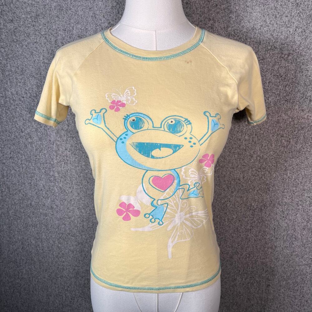 Y2K Kidcore 90s Baby Tee Women's XS Yellow Girly Contrast Stitching Frog